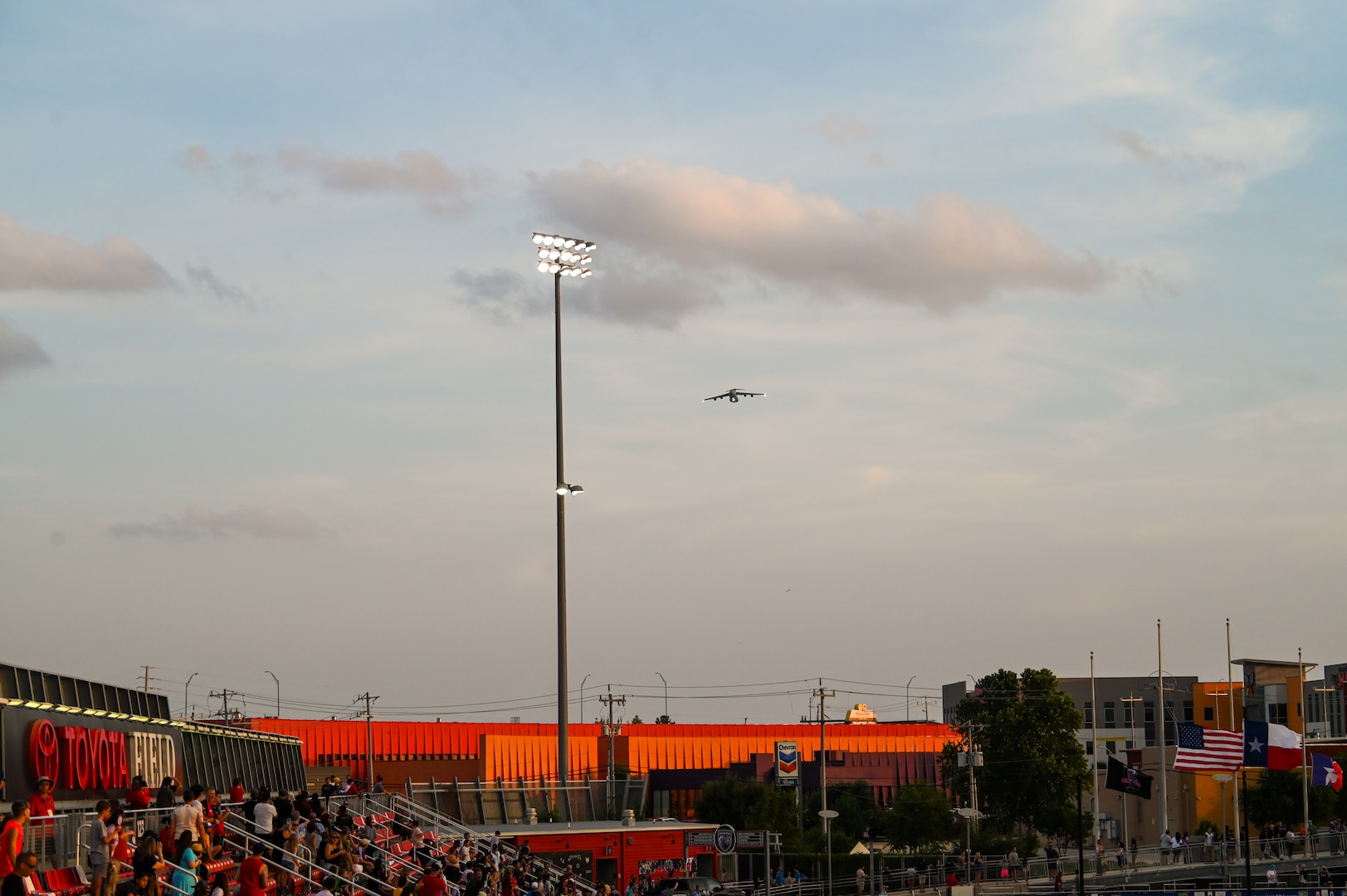 A 433rd Airlift Wing C-5M Super Galaxy approaches Toyota Field for the first flyover by a military aircraft at a San Antonio FC soccer match in San Antonio, Texas, July 12, 2025.