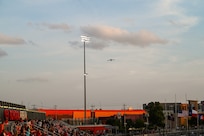 A 433rd Airlift Wing C-5M Super Galaxy approaches Toyota Field for the first flyover by a military aircraft at a San Antonio FC soccer match in San Antonio, Texas, July 12, 2025.