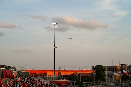 A 433rd Airlift Wing C-5M Super Galaxy approaches Toyota Field for the first flyover by a military aircraft at a San Antonio FC soccer match in San Antonio, Texas, July 12, 2025.