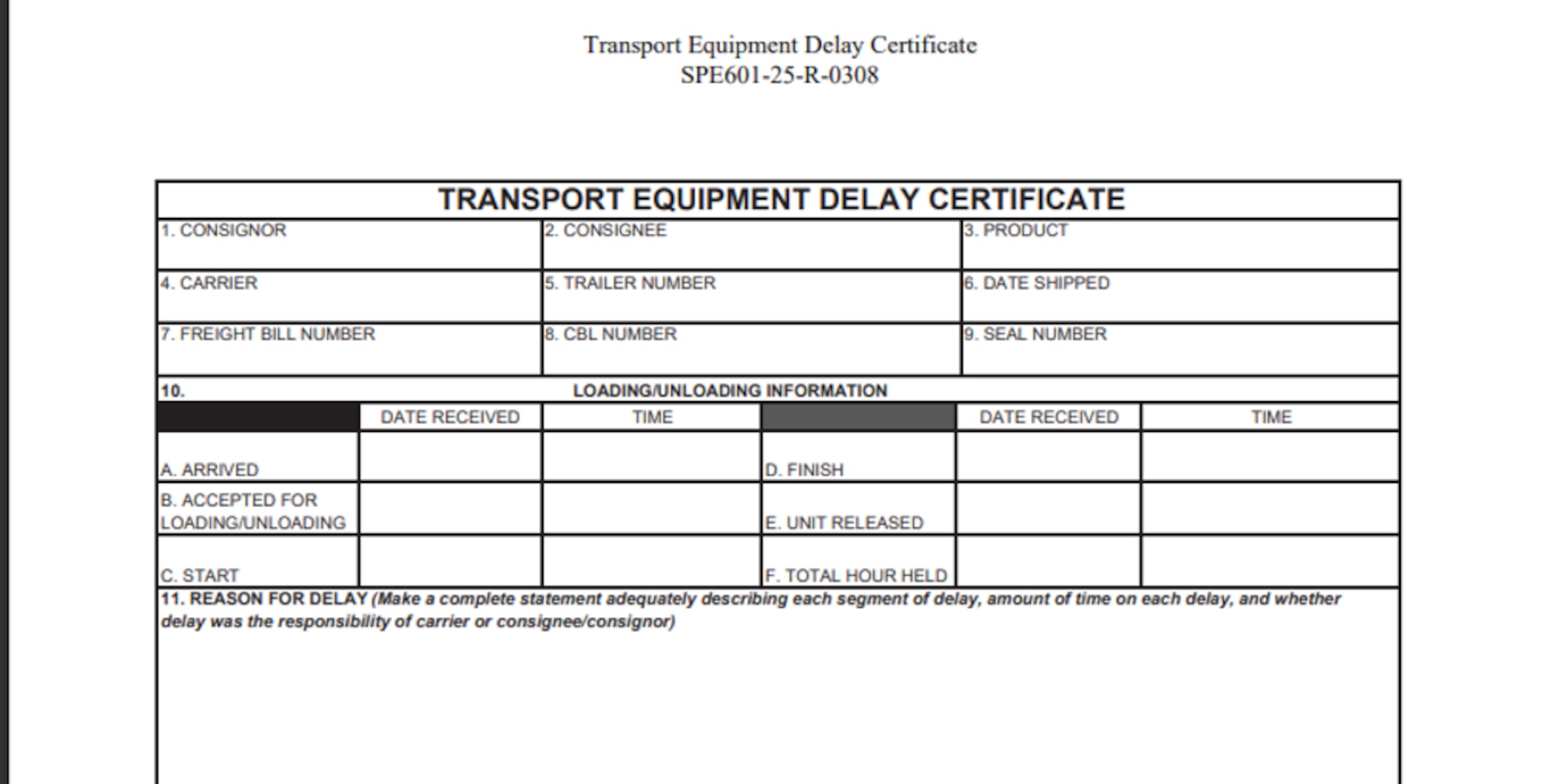 Example of a DLA Energy Aerospace Transport Equipment Delay Certificate.