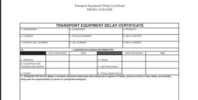Example of a DLA Energy Aerospace Transport Equipment Delay Certificate.