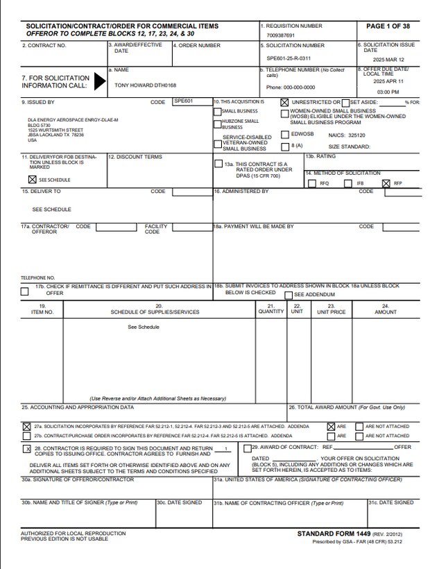 Example DLA Energy Aerospace SF1449 Solicitation/Contract/Order for Commercial Products and Commercial Services Form