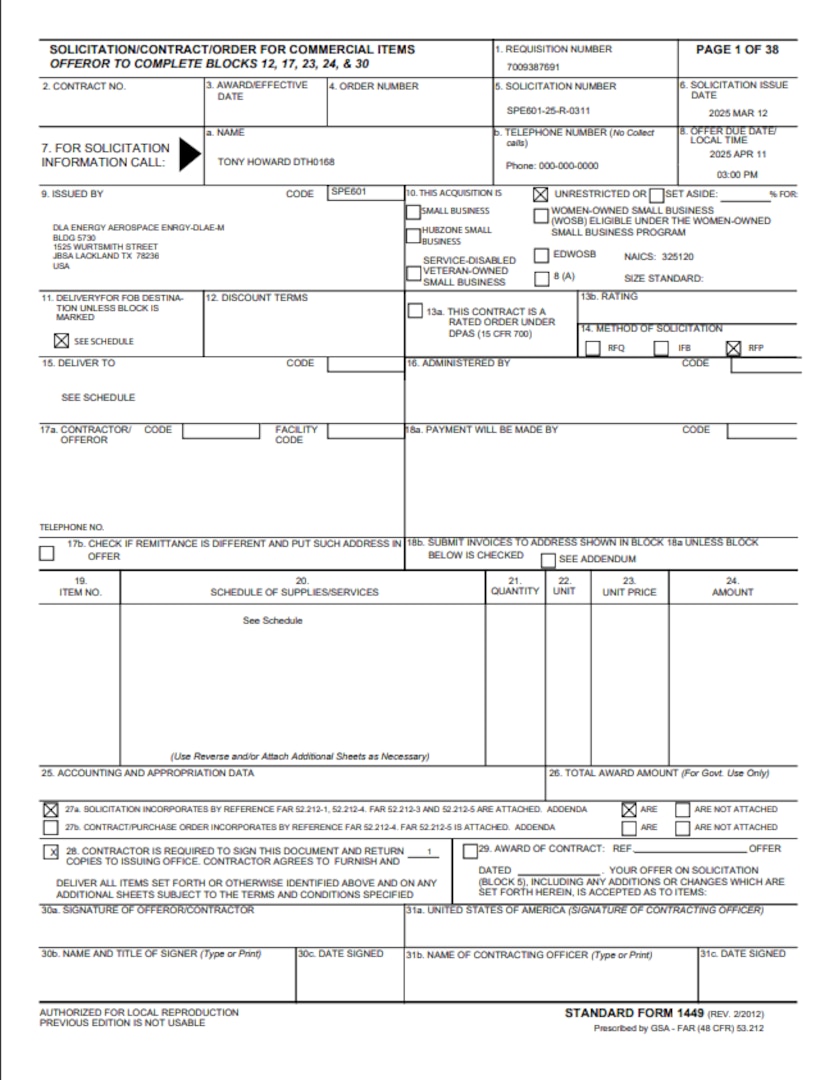 Example DLA Energy Aerospace SF1449 Solicitation/Contract/Order for Commercial Products and Commercial Services Form