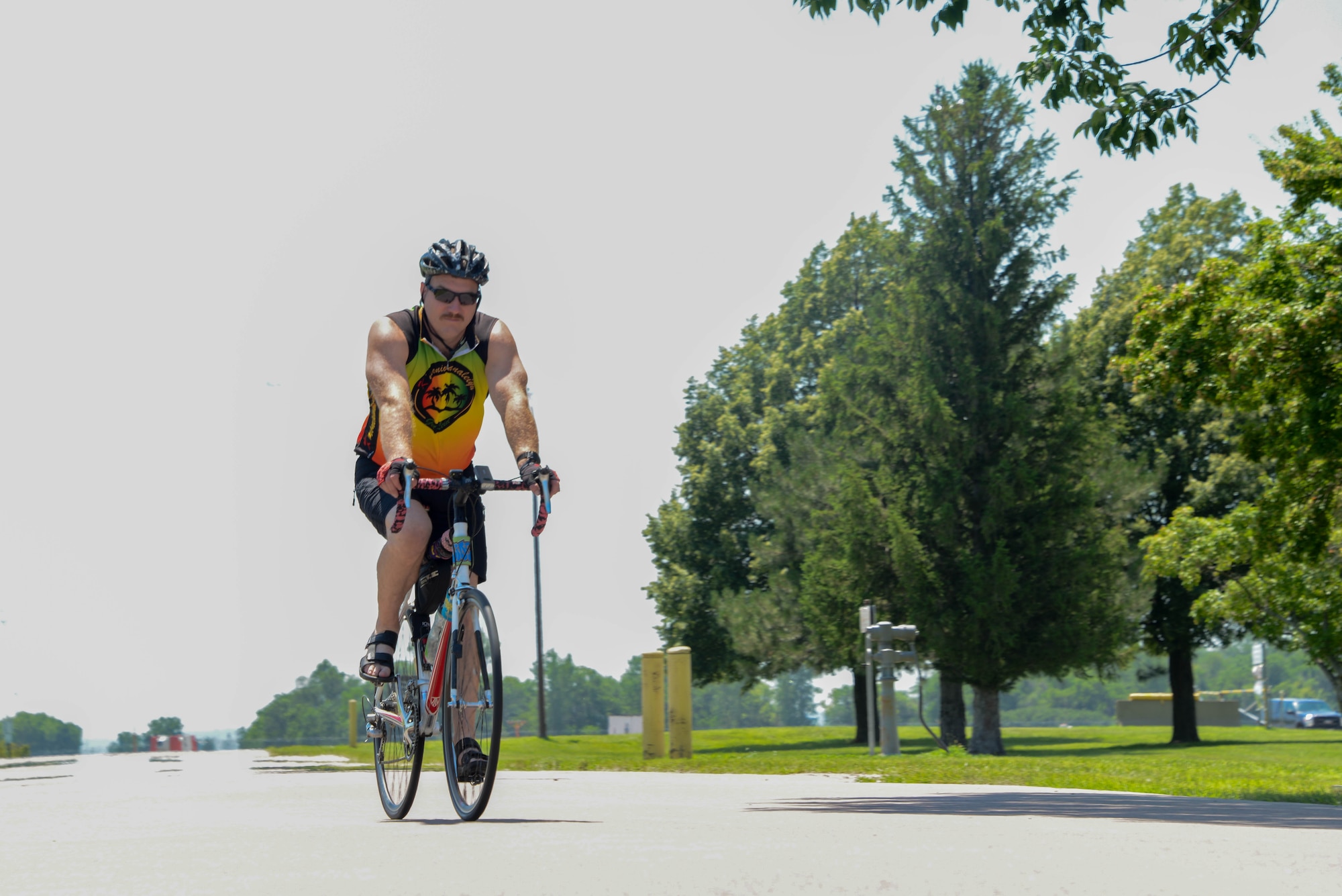 Tech. Sgt. Anthony O’Tool, a 185th Air Refueling Wing fuels management specialist, rides his bicycle