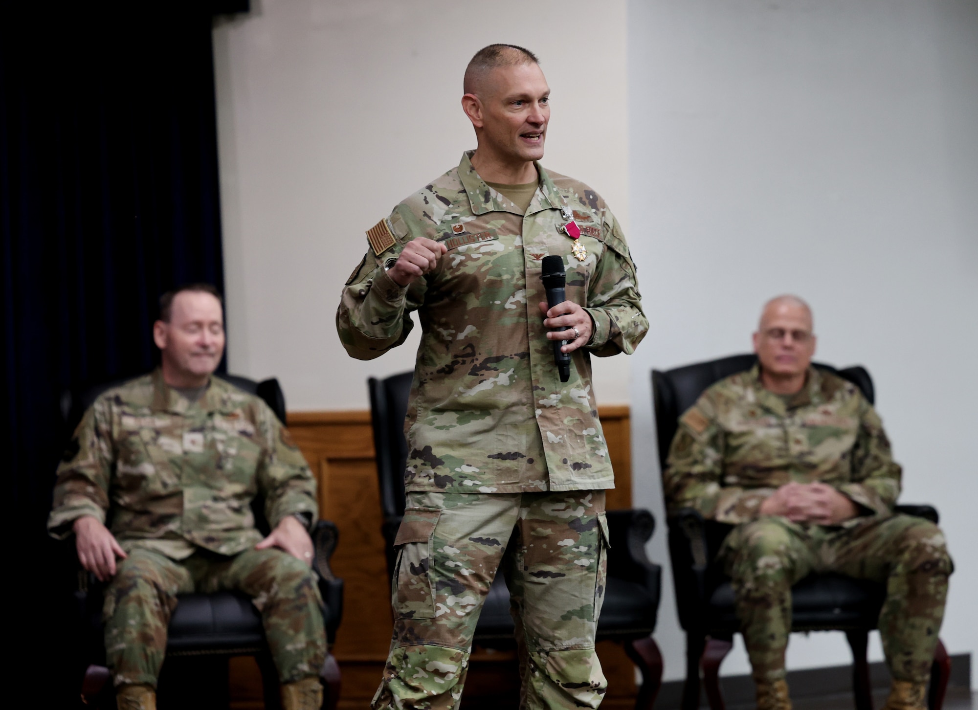 Col. John Hollister delivers his final remarks as commander of the 82nd Mission Support Group during a change of command ceremony