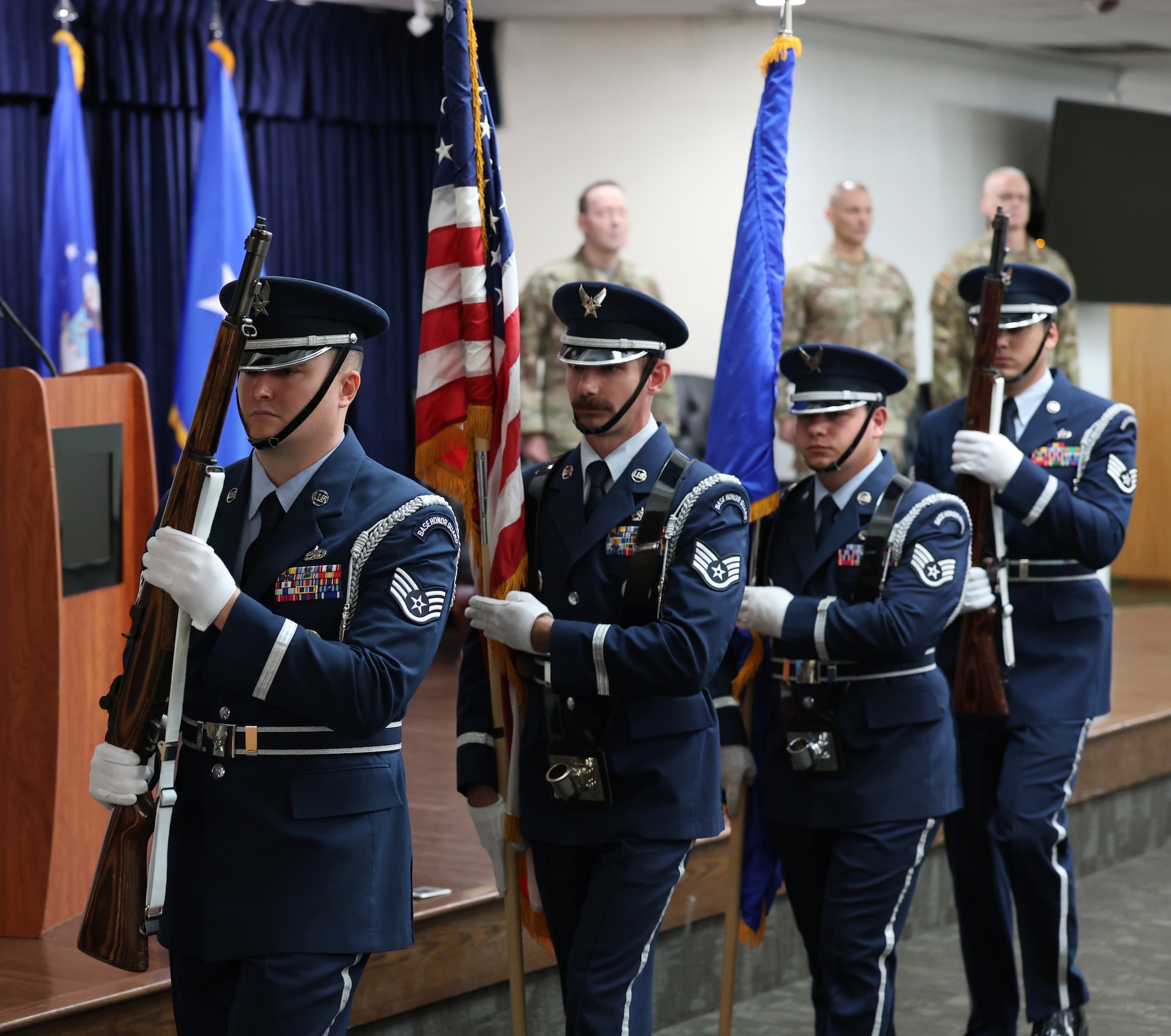 The Sheppard Air Force Base Honor Guard exits the 82nd Mission Support Group change of command ceremony after posting the colors,