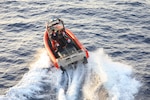 A Coast Guard Cutter Reliance (WMEC 615) small boat crew conducts operations in the Gulf of America, July 15, 2025. Reliance’s crew completed a 60-day maritime border security patrol to deter illegal migration, fishing, and smuggling in the region. (U.S. Coast Guard photo by Ensign Jack Steel)