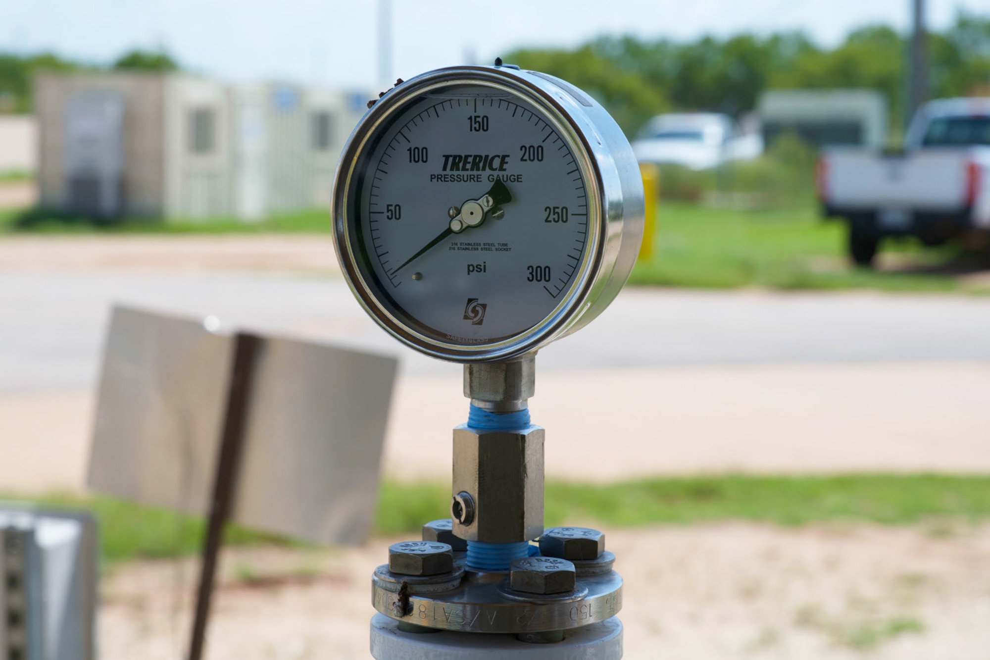 Photo of a differential pressure gauge at Dyess Air Force Base, Texas, July 8, 2025. The 7th Bomb Wing is in the final phase of a $24 million modernization project to overhaul Dyess’ fueling infrastructure—a multi-year initiative designed to improve efficiency and enhance operational readiness across the installation. (U.S. Air Force photo by Senior Airman Emma Anderson)
