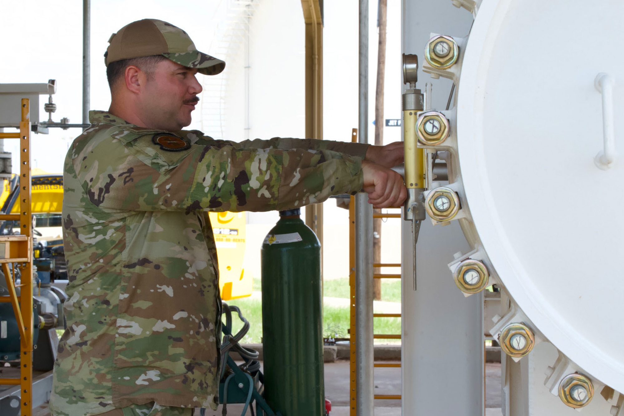 U.S. Air Force Tech. Sgt. David Bryant, 7th Logistics Readiness Squadron fuels distribution noncommissioned officer in charge, resets a differential pressure gauge at Dyess Air Force Base, Texas, July 8, 2025. The 7th Bomb Wing is in the final phase of a $24 million modernization project to overhaul Dyess’ fueling infrastructure—a multi-year initiative designed to improve efficiency and enhance operational readiness across the installation. (U.S. Air Force photo by Senior Airman Emma Anderson)