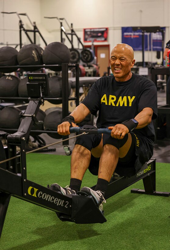 U.S. Army Sgt. 1st Class David Hong warms up at indoor rowing practice during the 2025 Department of Defense Warrior Games practice sessions at Fort Carson, Colorado, July 13, 2025.