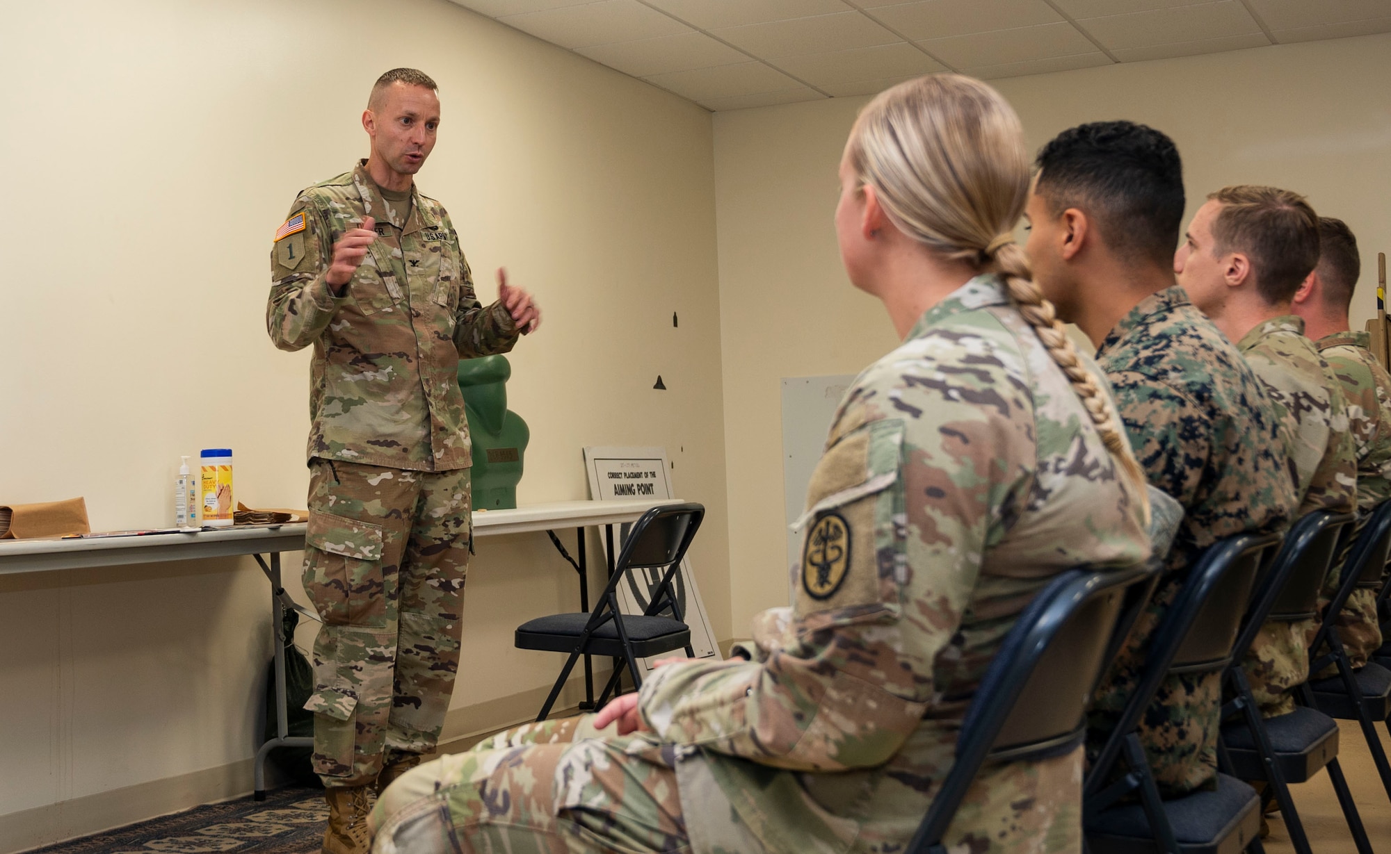 U.S. Army Col. Bryan Dunker, Joint Base McGuire-Dix-Lakehurst deputy commander and U.S. Army Support Activity commander, addresses students during the Leading Edge course at JBMDL June 26, 2025. Leading Edge is a biannual joint operation training course offered to service members between the ranks of E-4 to E-6 from all military branches to enhance leadership, interoperability, and understanding of each service’s capabilities. (U.S. Air Force photo by Susan Moriarty)