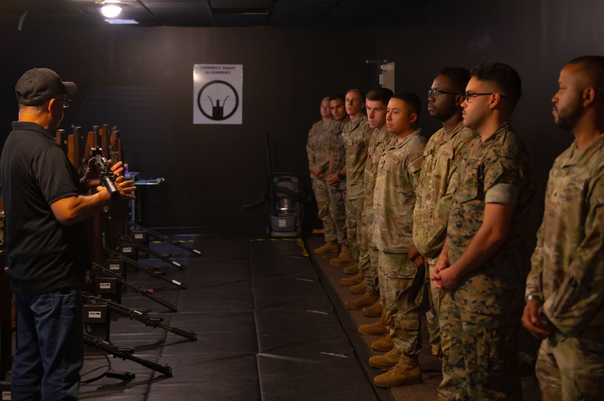 U.S. service members participating in the Leading Edge course at Joint Base McGuire-Dix-Lakehurst, N.J. receive instructions on how to operate the M4 Carbine during electronic simulation training hosted by U.S. Army Support Activity, Fort Dix June 26, 2025. Leading Edge is a biannual joint operation training course offered to service members between the ranks of E-4 to E-6 from all military branches to enhance leadership, interoperability and understanding of each service's capabilities. (U.S. Air Force photo by 2nd Lt. Gabriel Davenport)
