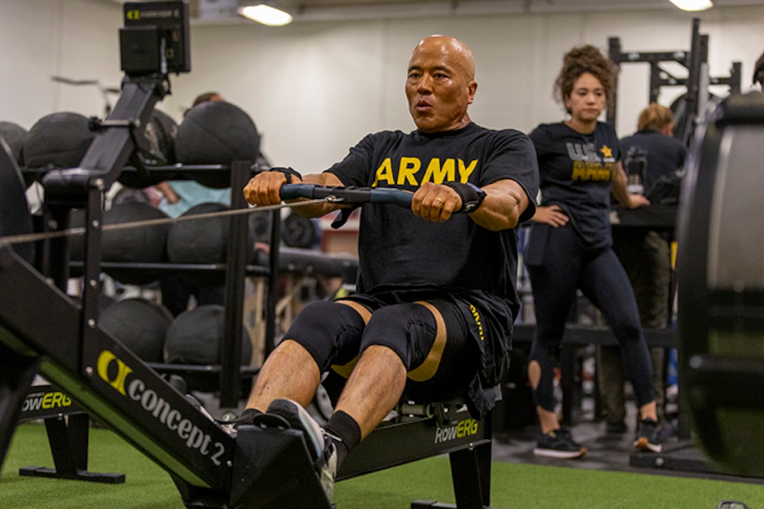 U.S. Army Sgt. 1st Class David Hong warms up at indoor rowing practice during the 2025 Department of Defense Warrior Games at Fort Carson, Colorado, July 13, 2025.