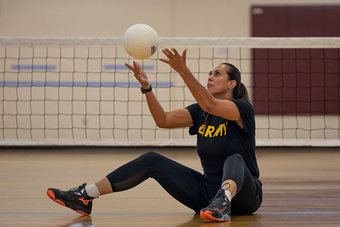 U.S. Army Lt. Col. Sherri Sanders participates in sitting volleyball practice during the 2025 Department of Defense Warrior Games at Fort Carson, Colorado, July 13, 2025.