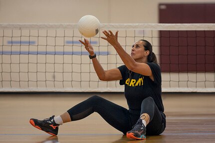 U.S. Army Lt. Col. Sherri Sanders participates in sitting volleyball practice during the 2025 Department of Defense Warrior Games at Fort Carson, Colorado, July 13, 2025.