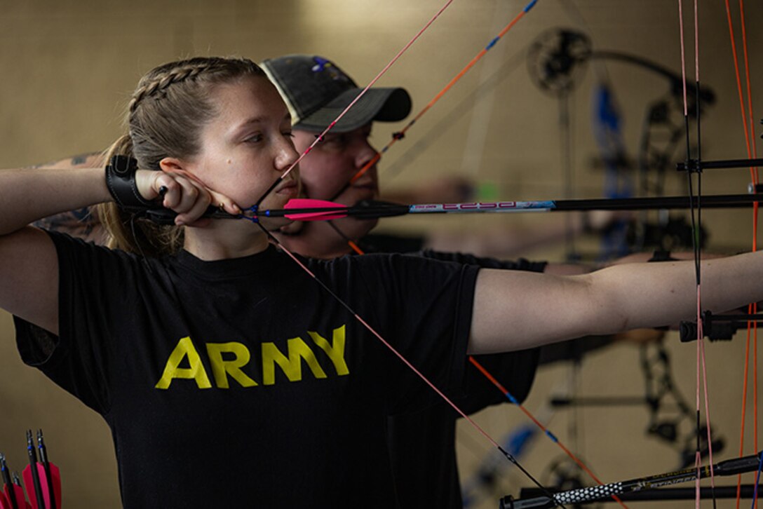 U.S. Army Capt. Samantha Frey draws her bow at archery practice during the 2025 Department of Defense Warrior Games at Fort Carson, Colorado, July 13, 2025.