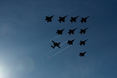 TIMOR SEA (July 18, 2025) — U.S. Navy aircraft, attached to Carrier Air Wing (CVW) 5, fly over U.S. Navy George Washington Carrier Strike Group, as it participates in dual carrier operations alongside Royal Navy HMS Prince of Wales Carrier Strike...