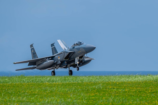 A U.S. Air Force F-15EX Eagle II, assigned to 85th Test and Evaluation Squadron, Eglin Air Force Base, Florida, lands at Kadena Air Base, Japan, July 16, 2025
