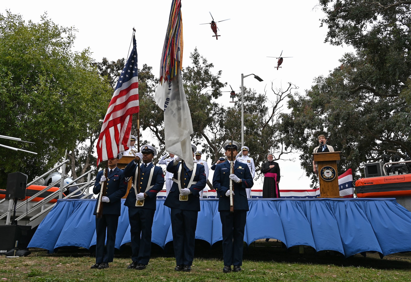 The color guard presents the American flag during a retirement ceremony held at Coast Guard Base Alameda, California, July 18, 2025. Adm. Kevin Lunday, the Coast Guard’s acting commandant, presided over the ceremony in which Vice Adm. Andrew Tiongson, commander, U.S. Coast Guard Pacific Area, retired following 40 years of honorable service. (U.S. Coast Guard photo by Petty Officer 3rd Class Joel LaVallee)