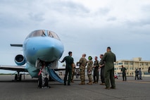 U.S. Air Force Airmen assigned to the 102nd and 130th Rescue Squadrons are shown a Japan Air Self-Defense Force Air Rescue Wing U-125A search-and-rescue coordination aircraft for a cross-unit static display and capability exchange during exercise Resolute Force Pacific (REFORPAC) at Misawa Air Base, July 15, 2025.