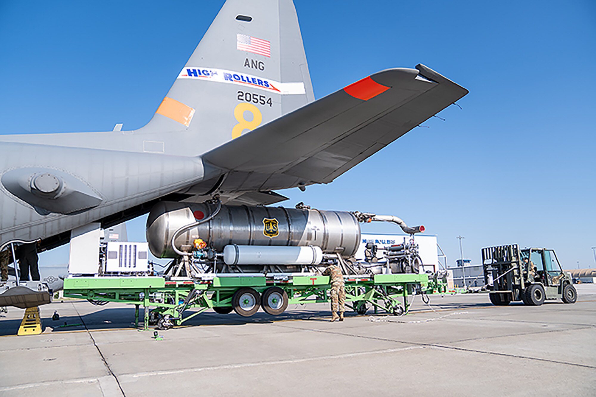 Nevada Air National Guard's 152nd Maintenance Group and 152nd Logistics Readiness Squadron personnel load Modular Airborne Fire Fighting System (MAFFS) equipment onto MAFFS #8, aircraft #554 at the Nevada Air National Guard Base on July 12, 2025. U.S. Northern Command activated two Modular Airborne Fire Fighting System (MAFFS) Aircraft, one from the 152nd Airlift Wing out of Reno, Nevada, and one from the 146th Airlift Wing out of Channel Islands Air National Guard Station in California.