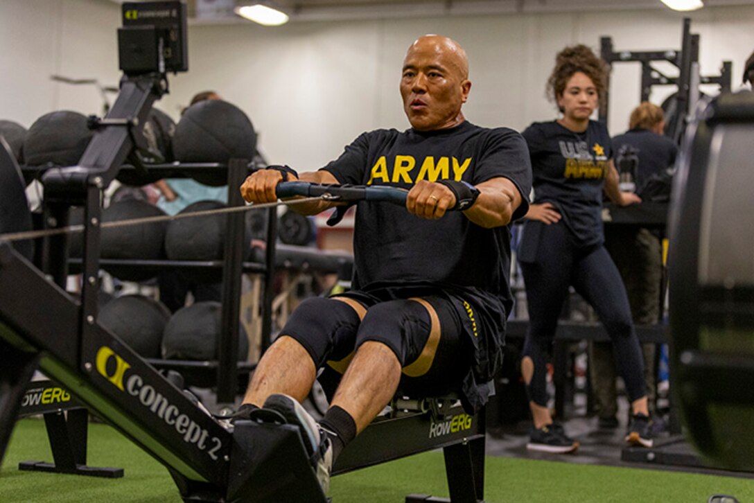 U.S. Army Sgt. 1st Class David Hong warms up at indoor rowing practice during the 2025 Department of Defense Warrior Games at Fort Carson, Colorado, July 13, 2025.