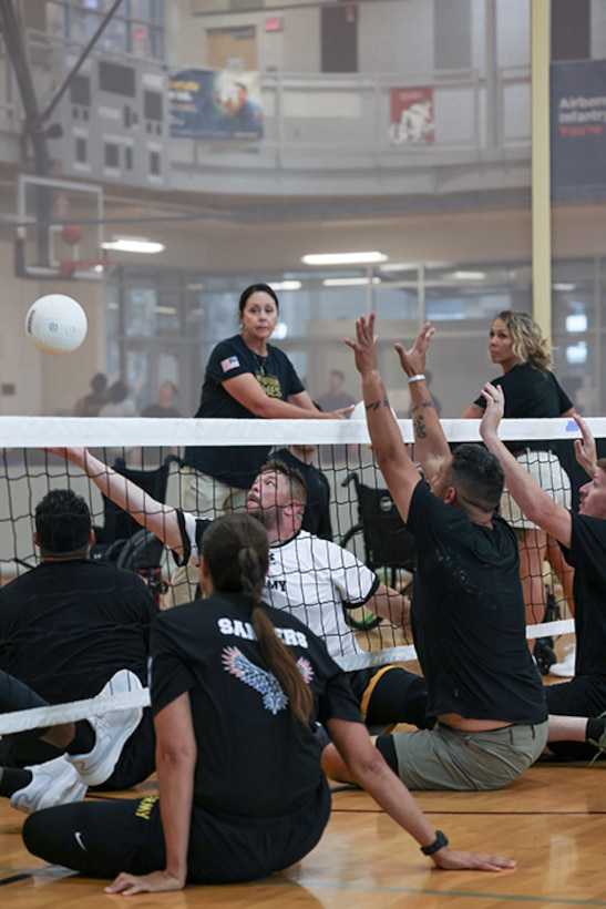 Team Army athletes participate in sitting volleyball practice during the 2025 Department of Defense Warrior Games training camp at Fort Carson, Colorado, July 15, 2025.