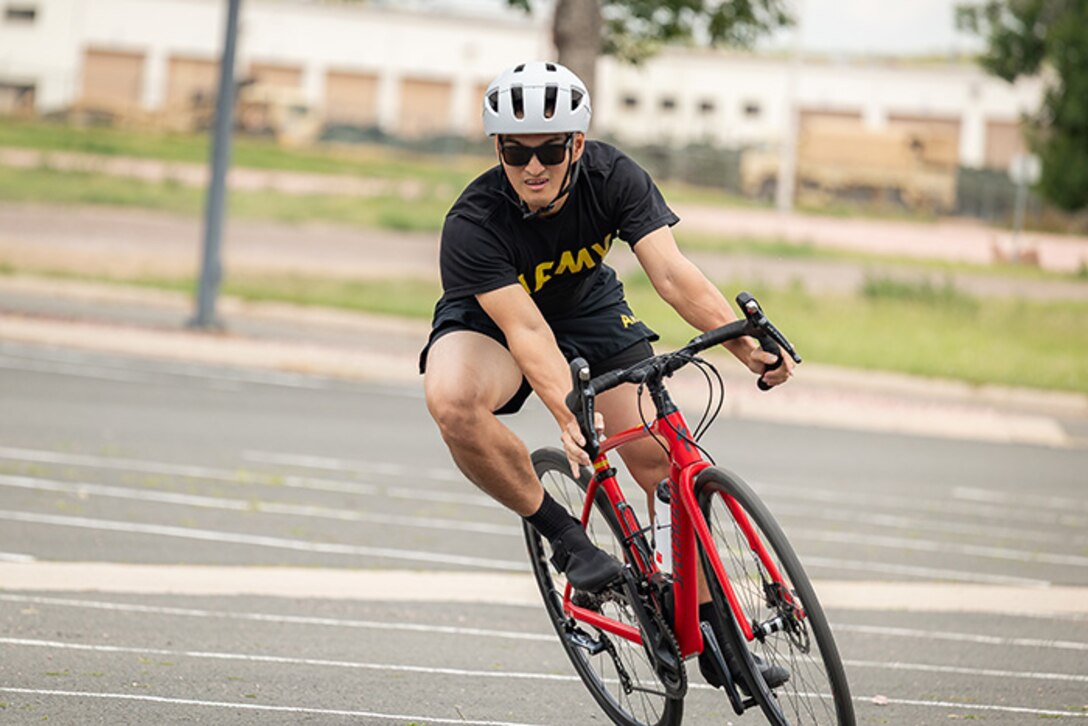 U.S. Army Staff Sgt. Tam Hoang participates in cycling practice during the 2025 Department of Defense Warrior Games training camp at Fort Carson, Colorado, July 15, 2025