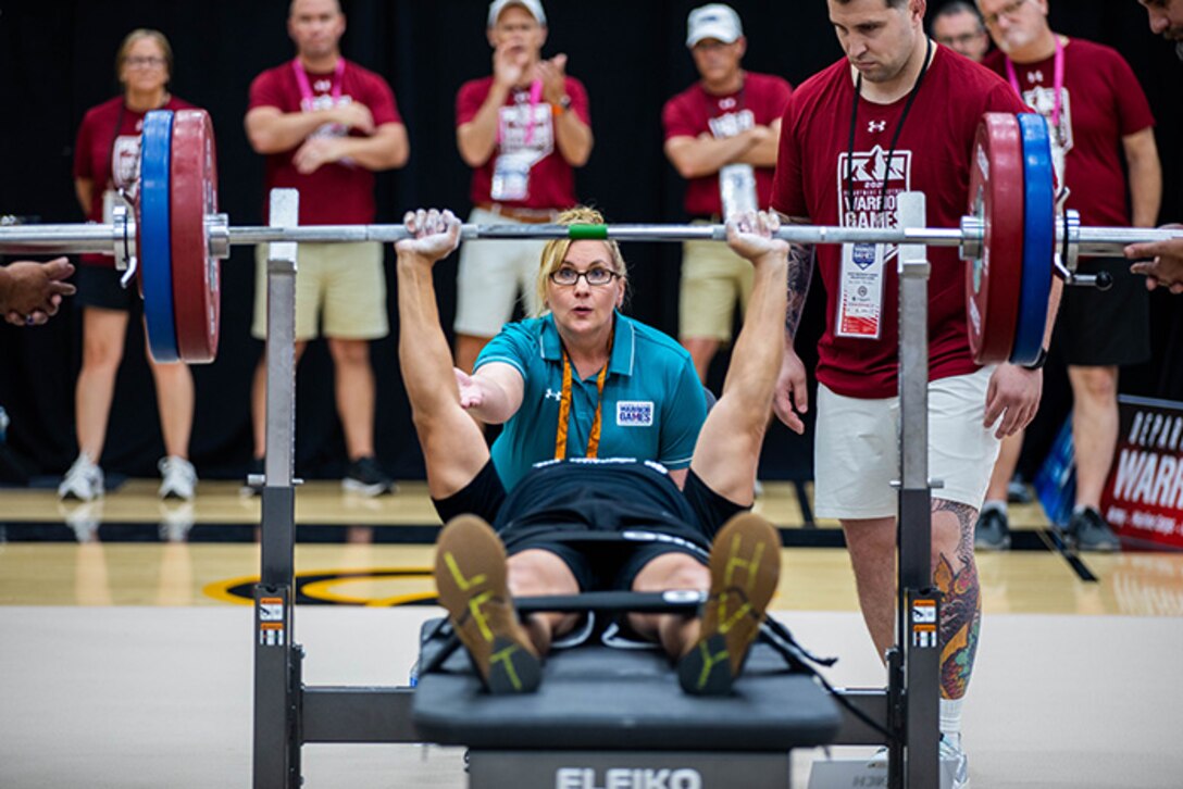 U.S. Army Sgt. 1st Class Alberto Alvarez  successfully completes his rep in the powerlifting event during the 2025 Department of Defense Warrior Games at Reid Arena, Colorado Springs, Colorado, July 18, 2025.