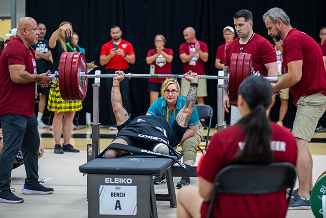 U.S. Army Retired Sgt. Jason Smith successfully completes his first rep for the powerlifting event during the 2025 Department of Defense Warrior Games at Reid Arena, Colorado Springs, Colorado, July 18, 2025.