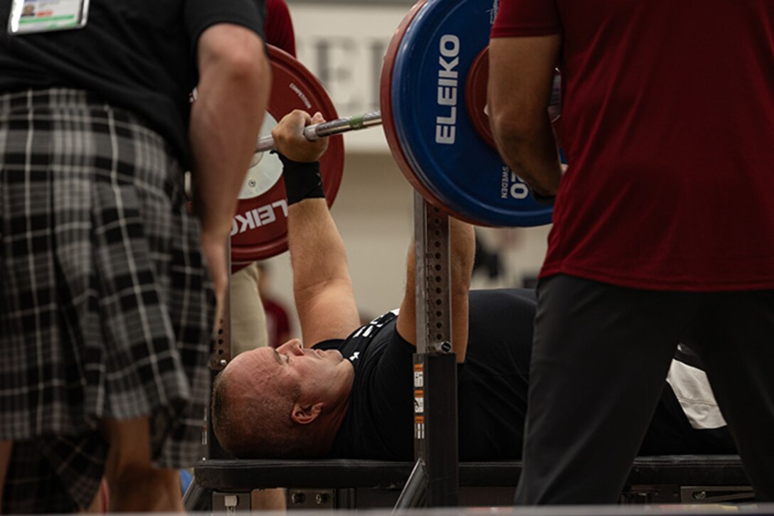 U.S. Army 1st Sgt. Christopher Morago prepares to perform his rep at the powerlifting competition during the 2025 Department of Defense Warrior Games at Colorado Springs, Colorado, July 18, 2025.