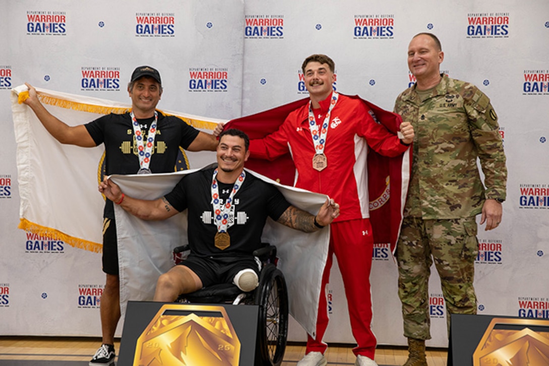 U.S. Army Col. Christopher Leung, left, U.S Army Retired Sgt. Jason Smith, center, U.S. Marine Corps Lance Cpl. Dakota Shaffer, and U.S. Army Sgt. Maj. Christopher Carey, the Deputy Chief of Staff Sergeant Major.