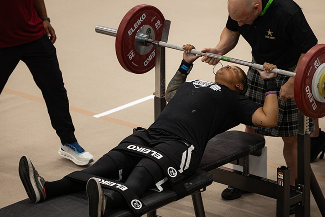 U.S. Army Capt. Channda Mitchell prepares to perform her lift during the powerlifting competition at the 2025 Department of Defense Warrior Games at Colorado Springs, Colorado, July 18, 2025.
