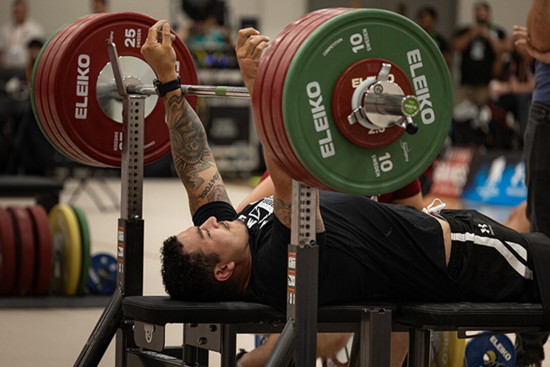 U.S. Army Retired Sgt. Jason Smith prepares for the powerlifting competition during the 2025 Department of Defense Warrior Games at Colorado Springs, Colorado, July 18, 2025.
