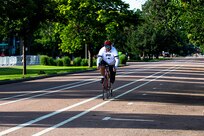 U.S. Army Sgt. 1st Class Adam Proctor, powers through the course during the upright bicycle event at the 2025 Department of Defense Warrior Games, Colorado Springs, Colorado, July 19, 2025.