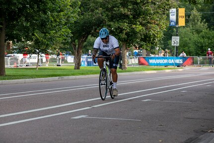 U.S. Army Capt. Chanda Mitchell pushes through her upright bicycle event during the 2025 Department of Defense Warrior Games, Colorado Springs, Colorado, July 19, 2025.