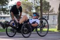 U.S. Army Maj. Amanda Feindt grinds it out on her recumbent cycle during the 2025 Department of Defense Warrior Games, Colorado Springs, Colorado, July 19, 2025.