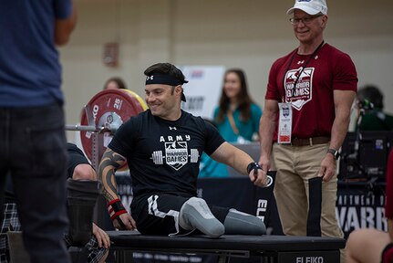 U.S. Army Retired Spc. JP Lane prepares for the powerlifting event during the 2025 Department of Defense Warrior Games at Reid Arena, Colorado Springs, Colorado, July 18, 2025.