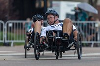 U.S. Army 1st Sgt. Christopher Morago takes a corner at the cycling event during the 2025 Department of Defense Warrior Games at Colorado Springs, Colorado, July 19, 2025.