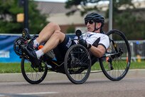 U.S. Army Sgt 1st Class Jeffery Peters competes in the cycling event during the 2025 Department of Defense Warrior Games at Colorado Springs, Colorado, July 19, 2025.