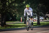 U.S. Army Sgt.1st Class David Hong races through the course during the cycling competition in the 2025 Department of Defense Warrior Games, Colorado Springs, Colorado, July 19, 2025.