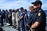 Quad partners from the Japan Coast Guard, Australian Border Force and Indian Coast Guard attend an all-hands event aboard the Legend-class U.S. Coast Guard Cutter Stratton (WMSL 752) for the first Quad at-sea mission in the Pacific Ocean, July 01, 2025. Stratton is deployed and assigned to Destroyer Squadron (DESRON) 15, the Navy’s largest DESRON and the U.S. 7th Fleet’s principal surface force. Stratton is deployed to the Indo-Pacific to advance relationships with ally and partner nations to build a more secure and prosperous region with unrestricted, lawful access to the maritime commons. (U.S. Coast Guard photo by Petty Officer 2nd Class Kate Kilroy)
