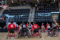 U.S. Army Retired Spc. Anthony Farve makes a free throw during a game of wheelchair basketball at the 2025 Department of Defense Warrior Games in Colorado Springs, Colorado July 19, 2025.