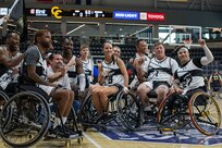 Team Army athletes pose for a group photo after a game of wheelchair basketball at the 2025 Department of Defense Warrior Games in Colorado Springs, Colorado July 19, 2025.