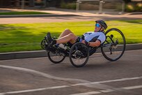 U.S. Army Maj. Amanda Feindt competes on a recumbent cycle during the 2025 Department of Defense Warrior Games at Colorado Springs, Colorado, July 19, 2025.