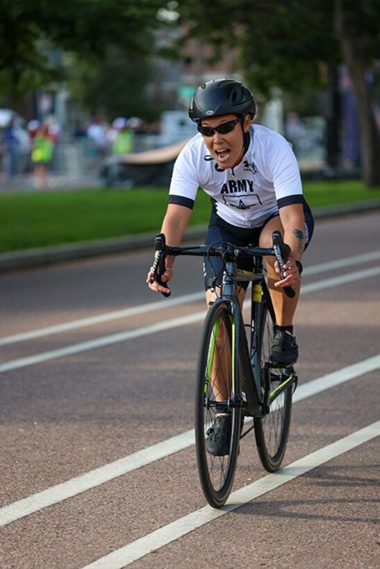 U.S. Army Retired Capt. Kyra Maggio competes in the time trials at the cycling event during the 2025 Department of Defense Warrior Games at Colorado Springs, Colorado, July 19, 2025.