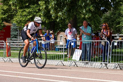 U.S. Army Lt. Col. Sherri Saunders competes in the women's upright bicycle road race at the cycling event during the 2025 Department of Defense Warrior Games at Colorado Springs, Colorado, July 19, 2025.