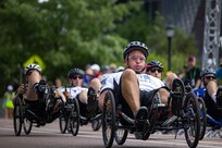 U.S. Army 1st Sgt. Christopher Morago competes in men's recumbent cycle road race at the cycling event during the 2025 Department of Defense Warrior Games at Colorado College, Colorado Springs Colorado, July 19, 2025.