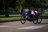 U.S. Army Master Sgt. Jodi Pyle-Vandersys competes in women's recumbent cycle road race at the cycling event during the 2025 Department of Defense Warrior Games at Colorado College, Colorado Springs Colorado, July 19, 2025.