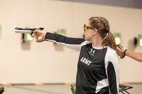 U.S. Army Capt. Samantha Frey fires an air pistol during shooting practice at the 2025 Department of Defense Warrior Games in Colorado Springs, Colorado, July 20, 2025.